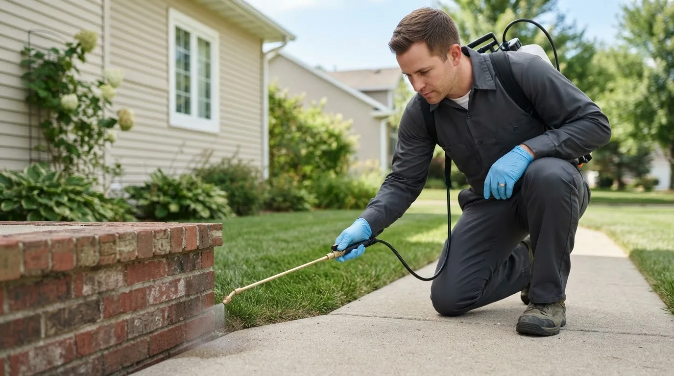 Pest control technician treating a home near Dugger, IN